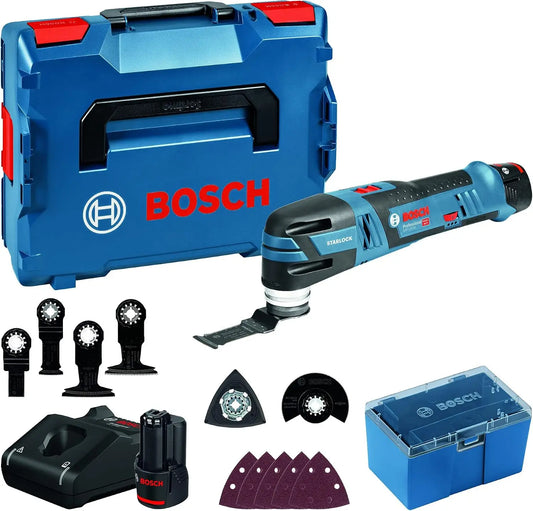 Bosch Professional GOP 12V-28 - Multiherramienta a batería (12 V, Starlock, 12 accesorios, 2 baterías x 3.0 Ah, en L-BOXX), azul