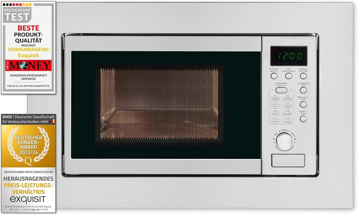 Microondas Exquisit de Encastre, 20L, 800W, Grill 1000W, Acabado Acero Inoxidable, Temporizador Digital, Luz Interior, Plato 24,5Cm, blanco
