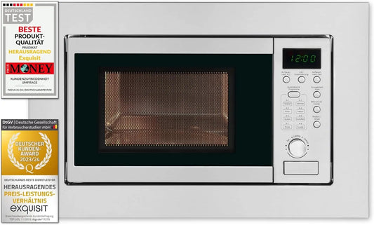 Microondas Exquisit de Encastre, 20L, 800W, Grill 1000W, Acabado Acero Inoxidable, Temporizador Digital, Luz Interior, Plato 24,5Cm, blanco