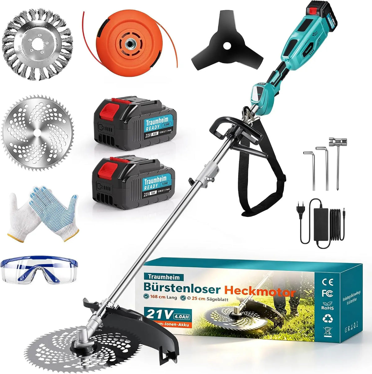 Desbrozadora Traumheim a Batería 4 en 1 sin escobillas, 950W, 2 Baterías 4,0 Ah, gris