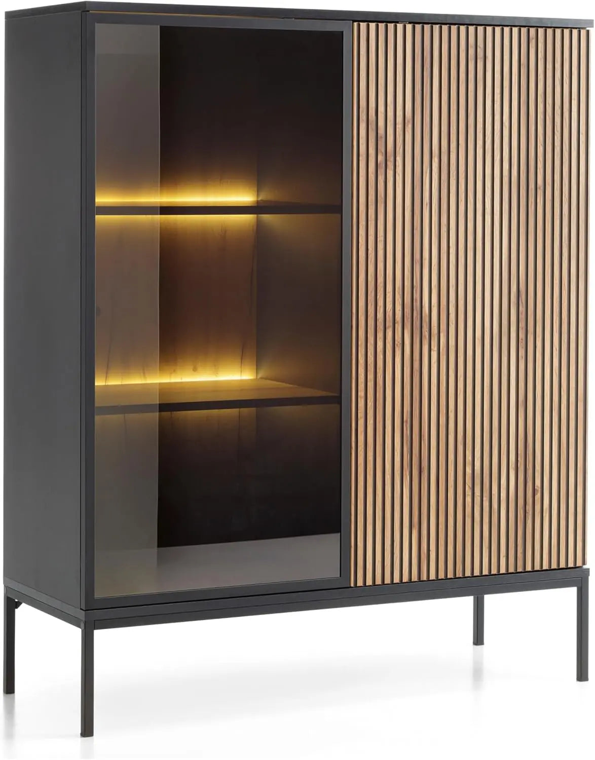 Vitrina Komodee Laval WT104, con Iluminación LED, Roble Wotan, Negro, Anchura 104 cm, Altura 126 cm, Profundidad 39 cm, negro