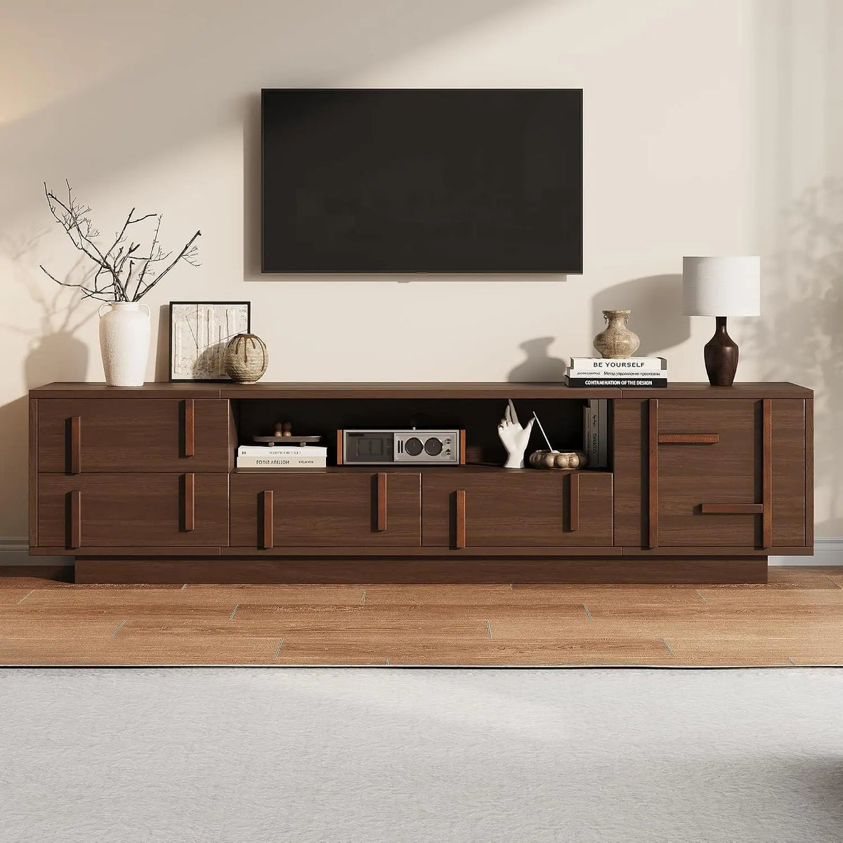 Armario MAMAINI Mueble para TV de 180 x 40 x 45 cm, de MDF, con 4 cajones, 1 armario y 2 estantes abiertos, hasta 75 pulgadas, para salón, nogal