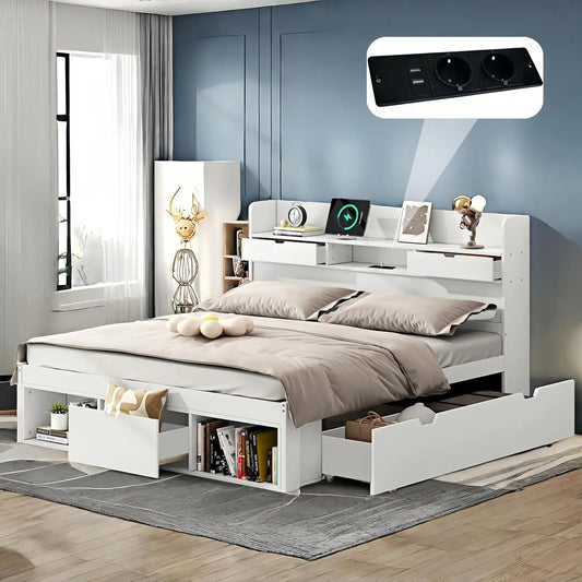 Cama Sapgaks de 90 x 200 cm, con cajones USB y Espacio de Almacenamiento al Final de la Cama, Cama Individual 90 x 200 cm, gris