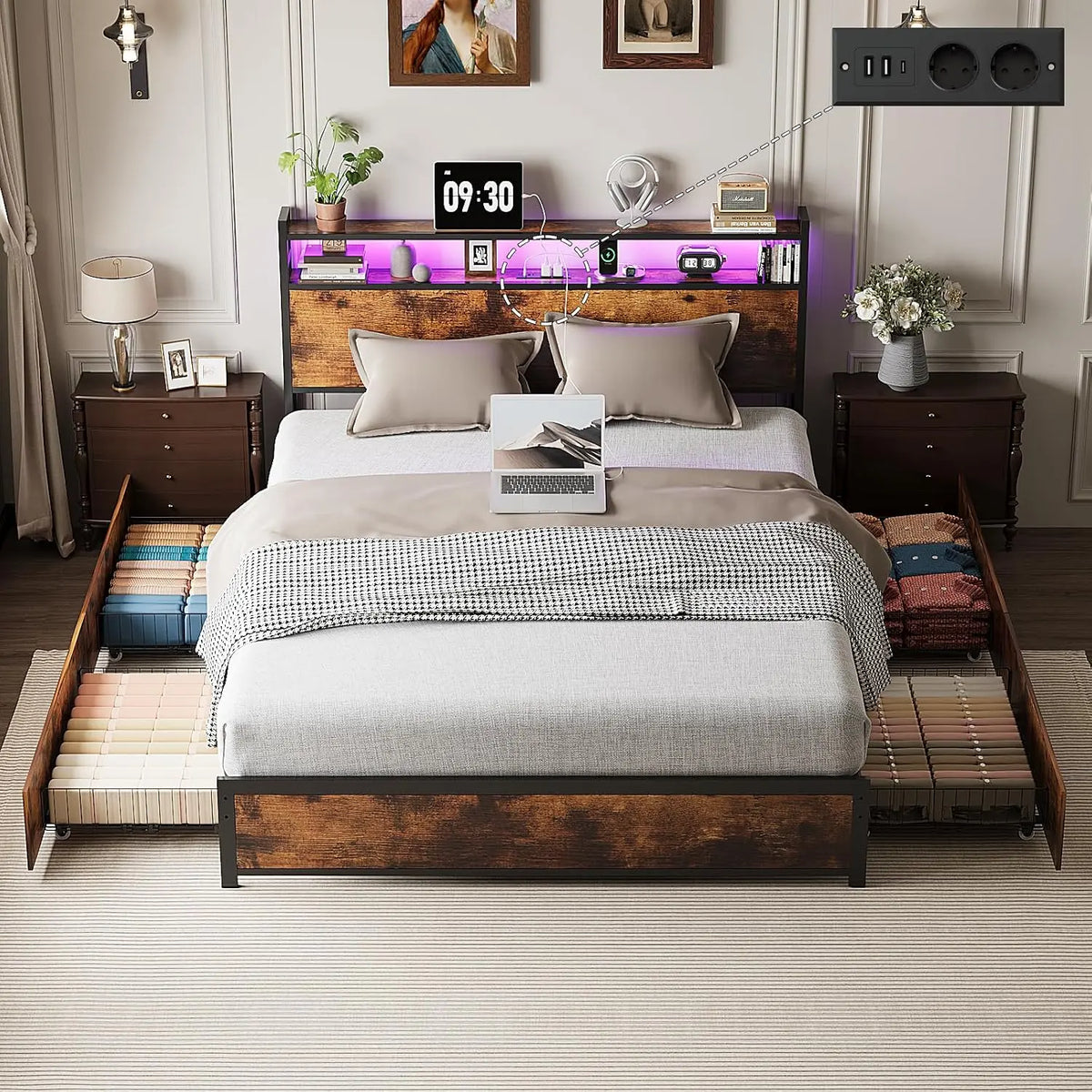 Cama Bonnlo Marco de cama de 160 x 200 cm con espacio de almacenamiento e iluminación, cama de metal con base de carga, gris
