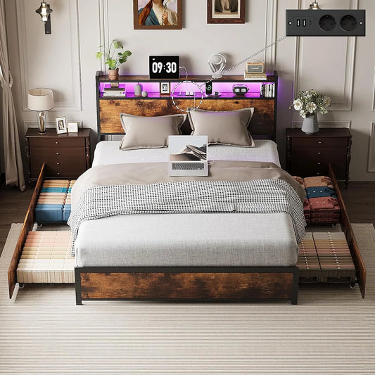 Cama Bonnlo Marco de cama de 160 x 200 cm con espacio de almacenamiento e iluminación, cama de metal con base de carga, gris