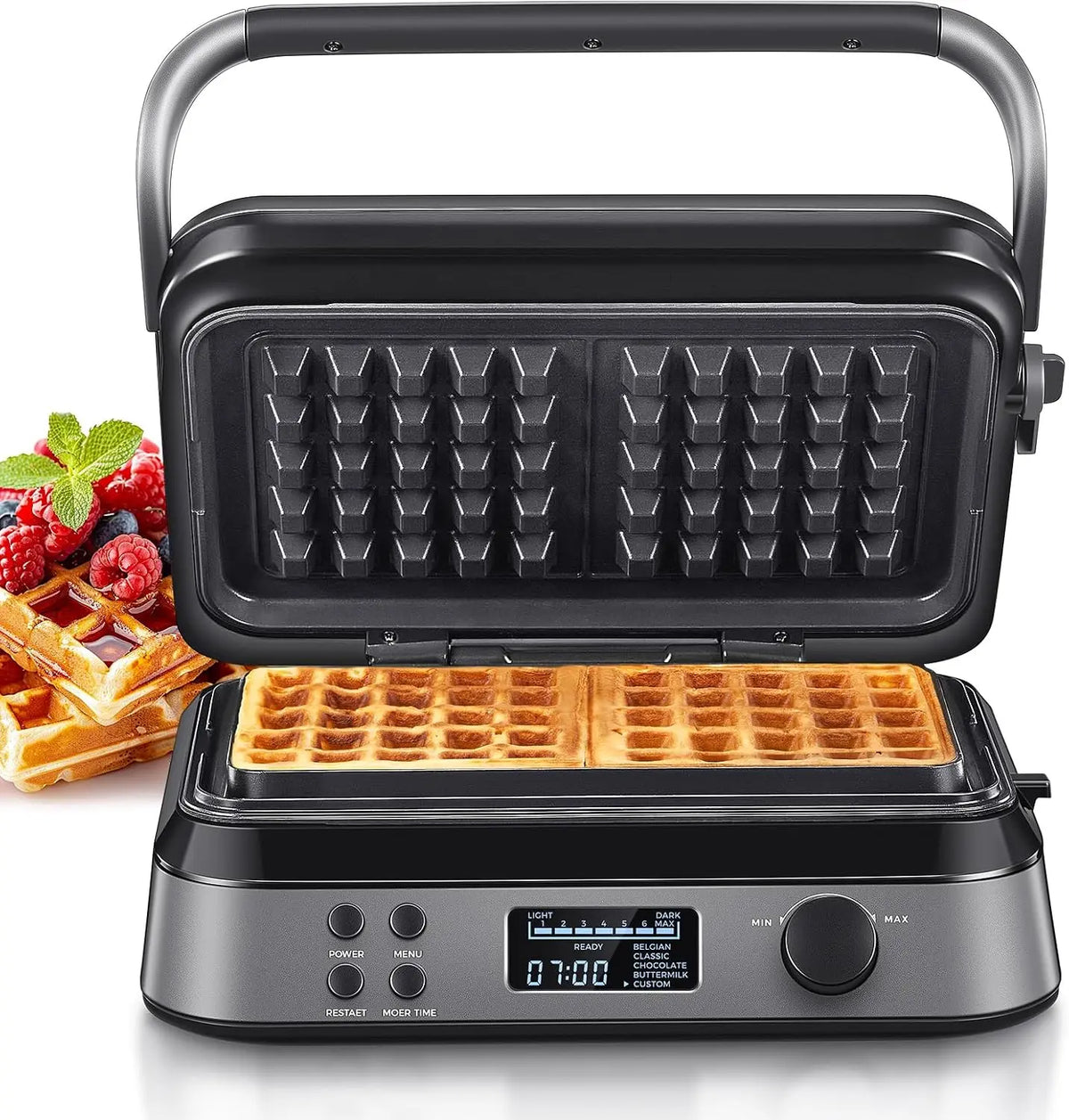 Reemix Gofrera de 1600 W, doble gofrera para gofres belgas, 5 programas, 7 niveles de tostado, control mediante pantalla LCD, temporizador, negro