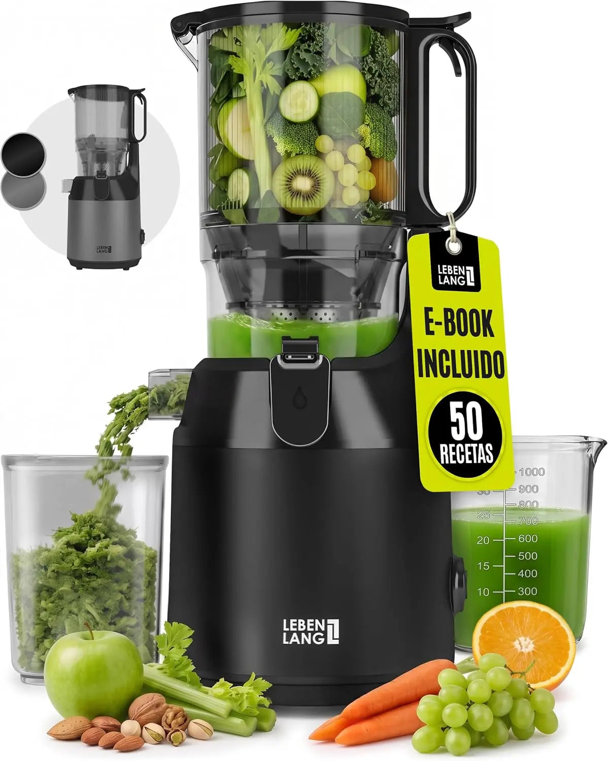 Extractor de zumos LEBENLANG y verduras - gran abertura 130 mm, verde