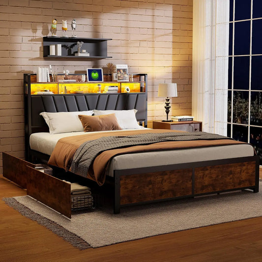 Cama BRILVERDE metálica 140x200 con Almacenaje, Cama matrimonial con Toma USB y luz LED, con 4 cajones, Cabecero Acolchado y Base de Láminas, negro